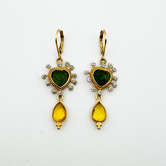 Boucles d'Oreilles Sacha Coeur Émail Ivoire et Serpentine
