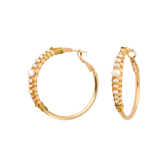 Boucles d'oreilles créoles Salinea perles et hématites dorées - blanc