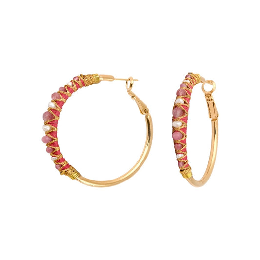 Boucles d'oreilles créoles Salinea perles et pierres de couleur - rose