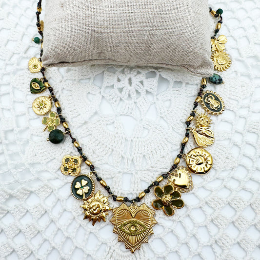 Collier Fil Pampilles Coeur Oeil Strass Kaki