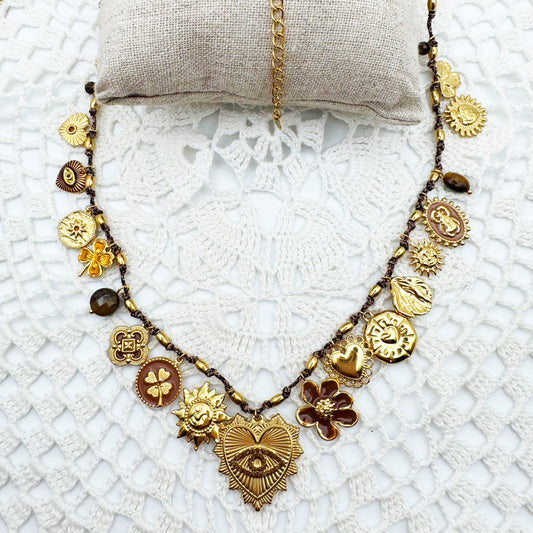 Collier Fil Pampilles Coeur Oeil Strass Marron