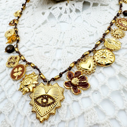 Collier Fil Pampilles Coeur Oeil Strass Marron